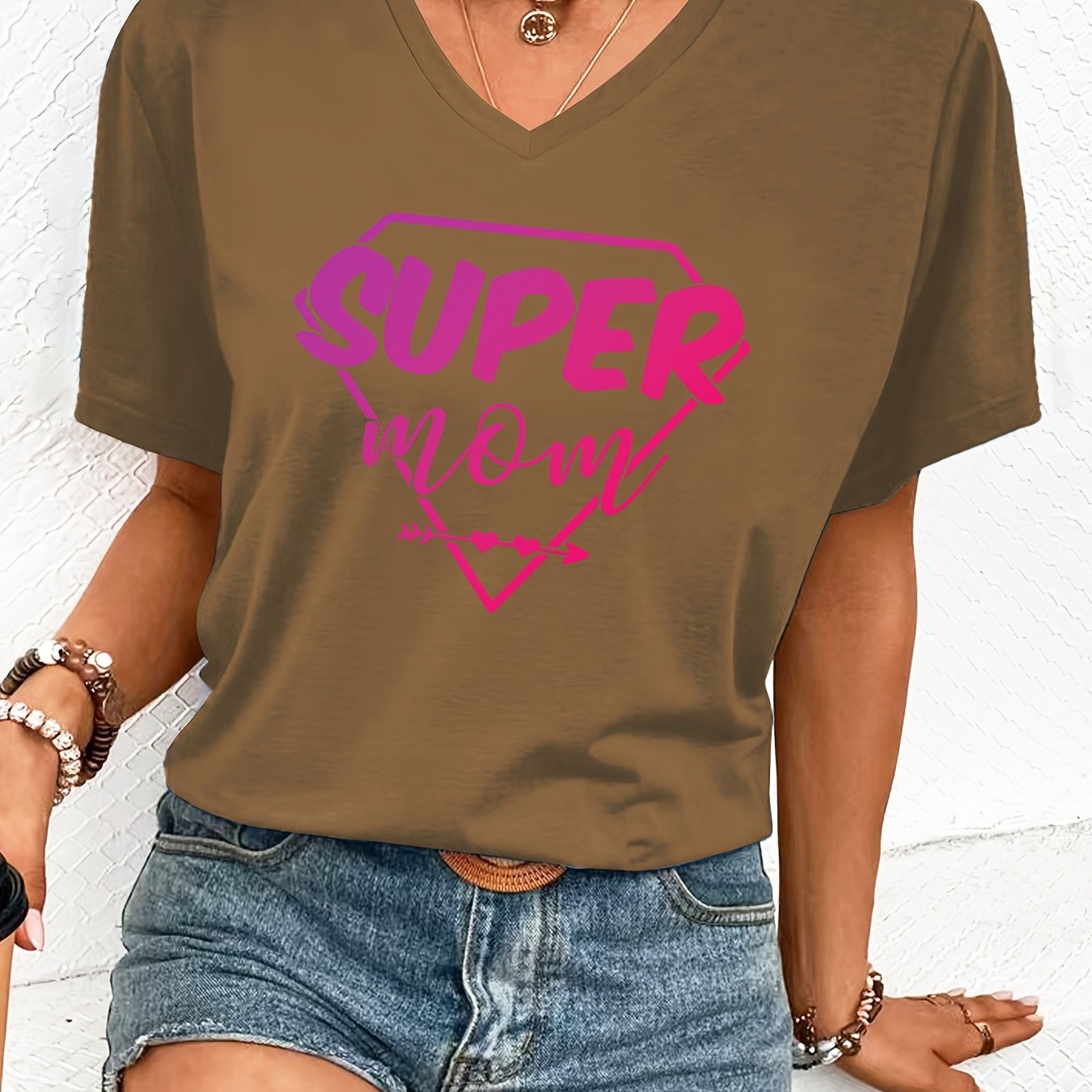 Super Mom Print Casual T-Shirt, V Neck Short Sleeves Versatile Top, Mother's Day Women's Comfy Tee