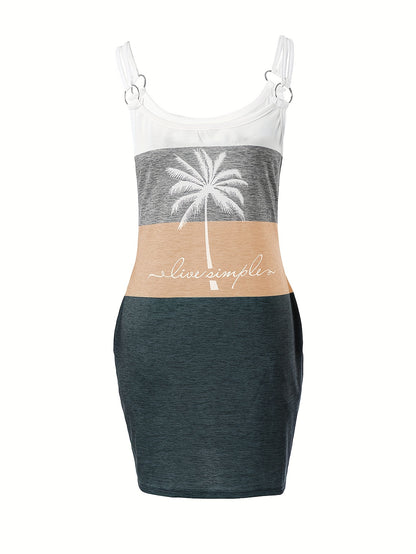 Vibrant Color Block Coconut Tree Print Cami Dress - Women's Casual Spaghetti Strap Dresses for Summer - Relaxed Fit, V-Neck, Short Sleeve, Above Knee Length, Easy Wear