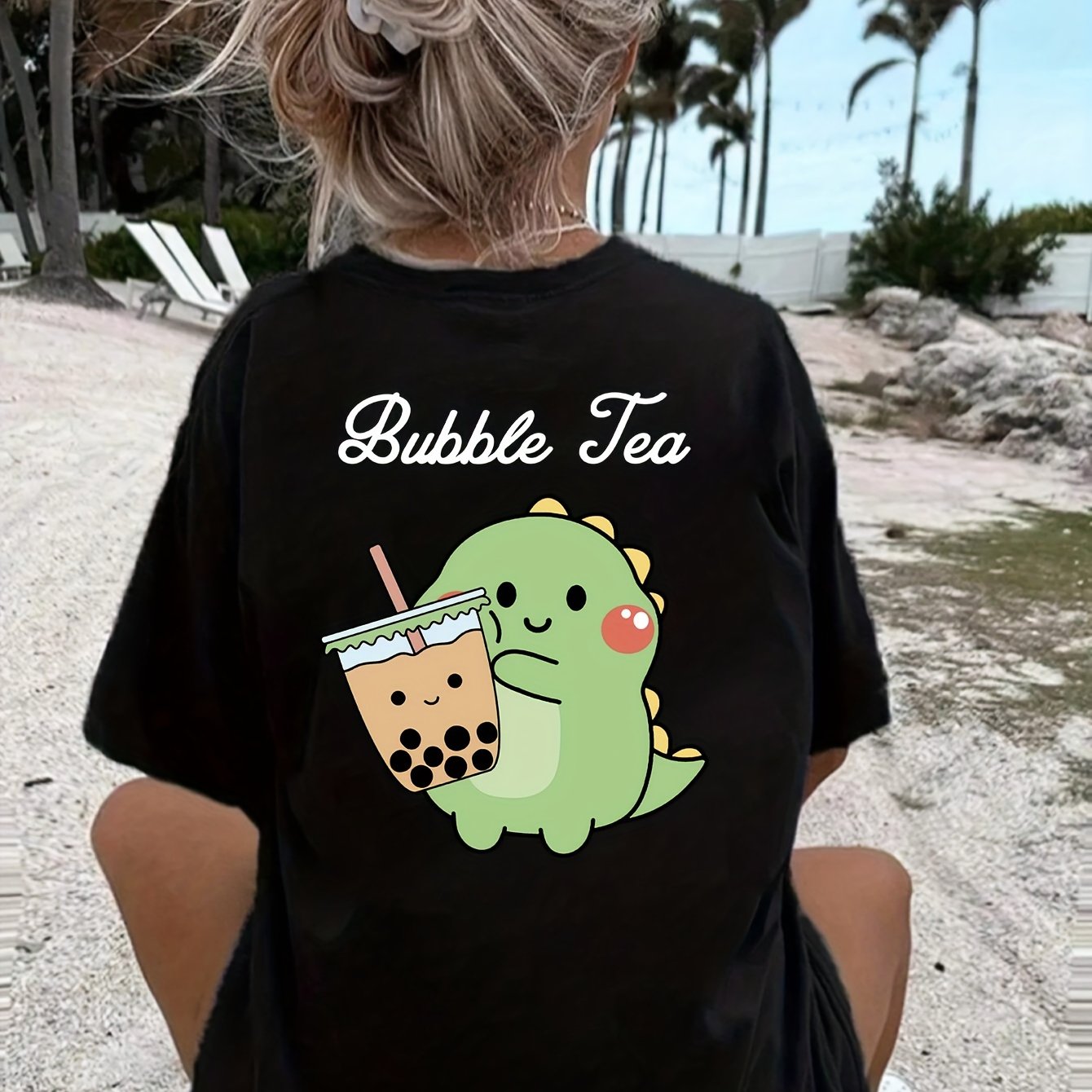 Cartoon Frog With Bubble Tea Graphic Print Creative T-Shirts, Soft & Elastic Comfy Crew Neck Short Sleeve Tee, Girls' Summer Tops, Suitable For Daily Wear