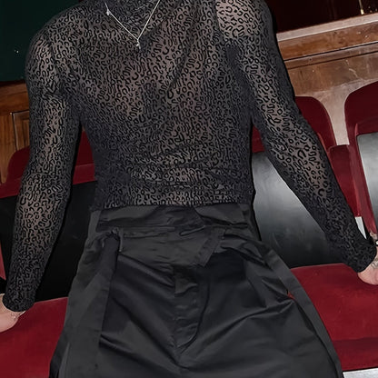 Mens O-neck Mesh Shirt Leopard Pattern See Through Blouse Party Sexy Shirt Pullover