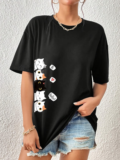 Whimsical Feline Tee - Classic Round Neck, Comfortable Short Sleeves, Versatile Sports Tee for Daily Wear or Athletic Activities - Ideal for Casual Womens Tops