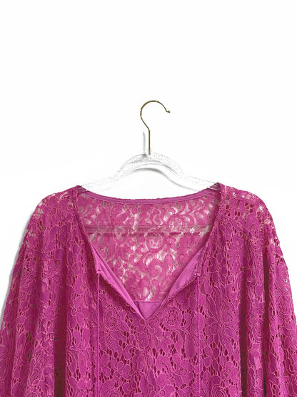 Plus Size Boho Blouse, Women's Plus Solid Lace Lantern Sleeve Tassel Trim V Neck Tunic Shirt Top