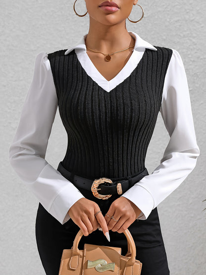 Color Block Faux Twinset Lapel Blouse, Casual Long Sleeve Blouse For Spring & Fall, Women's Clothing