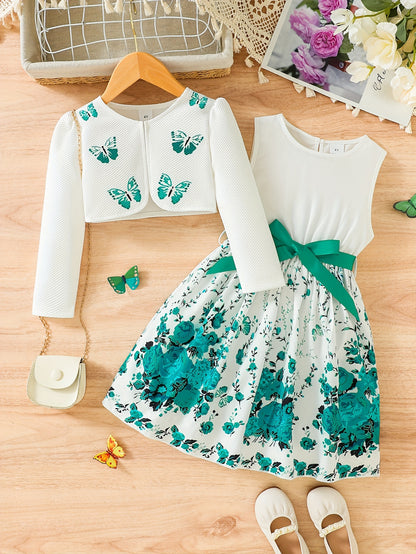 2pcs Little Girl Butterfly Dresses Outfit: Floral Tank Dress And Graphic Cardigan Top Set, For Cute And Casual Look, Kids Clothing Gift