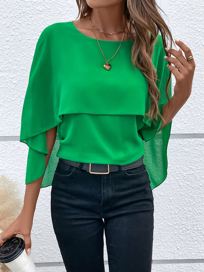 Solid Layered Cloak Sleeve Blouse, Versatile Crew Neck Blouse For Spring & Fall, Women's Clothing