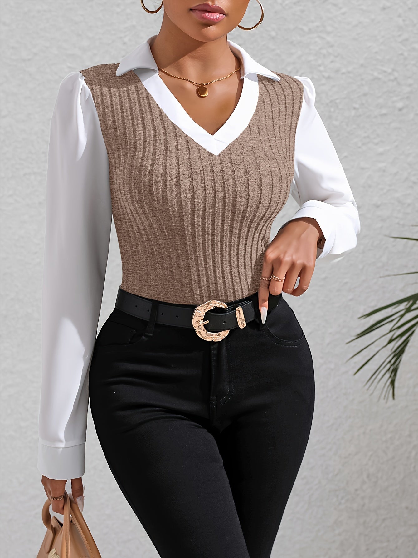 Color Block Faux Twinset Lapel Blouse, Casual Long Sleeve Blouse For Spring & Fall, Women's Clothing