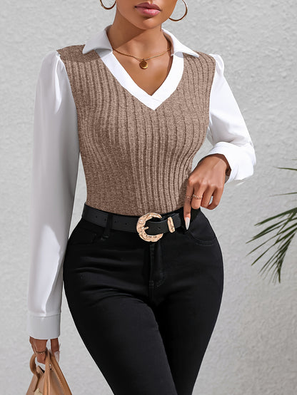 Color Block Faux Twinset Lapel Blouse, Casual Long Sleeve Blouse For Spring & Fall, Women's Clothing