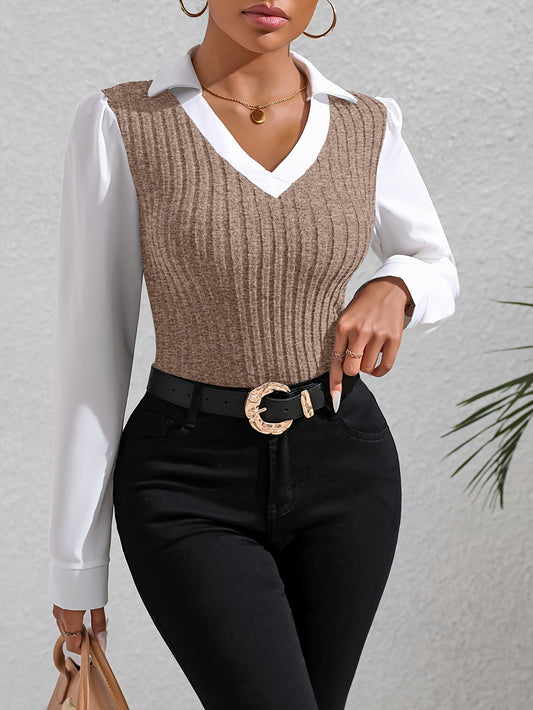 Color Block Faux Twinset Lapel Blouse, Casual Long Sleeve Blouse For Spring & Fall, Women's Clothing