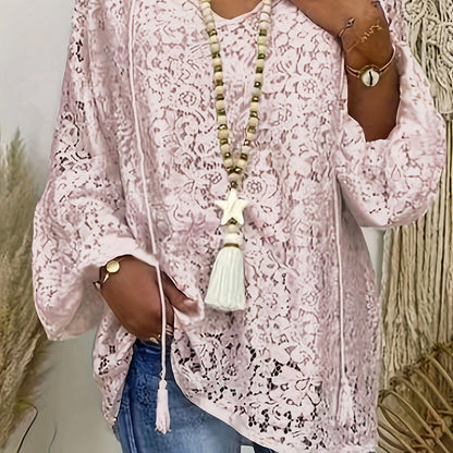 Plus Size Boho Blouse, Women's Plus Solid Lace Lantern Sleeve Tassel Trim V Neck Tunic Shirt Top