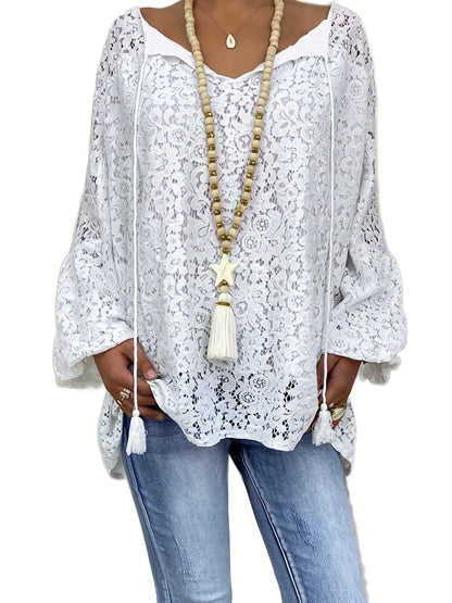Plus Size Boho Blouse, Women's Plus Solid Lace Lantern Sleeve Tassel Trim V Neck Tunic Shirt Top