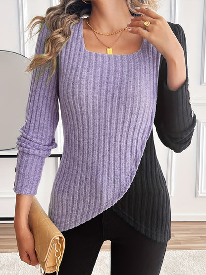 Women'S Casual Square Neck Long Sleeve Top, Asymmetrical Solid Color Knit Polyester Blouse with Spandex, Fashionable Spring/Fall Outerwear, 230gsm Fabric Weight