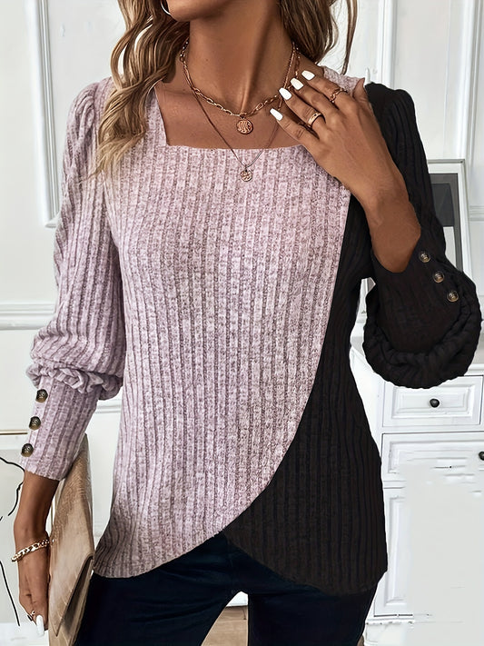 Women'S Casual Square Neck Long Sleeve Top, Asymmetrical Solid Color Knit Polyester Blouse with Spandex, Fashionable Spring/Fall Outerwear, 230gsm Fabric Weight
