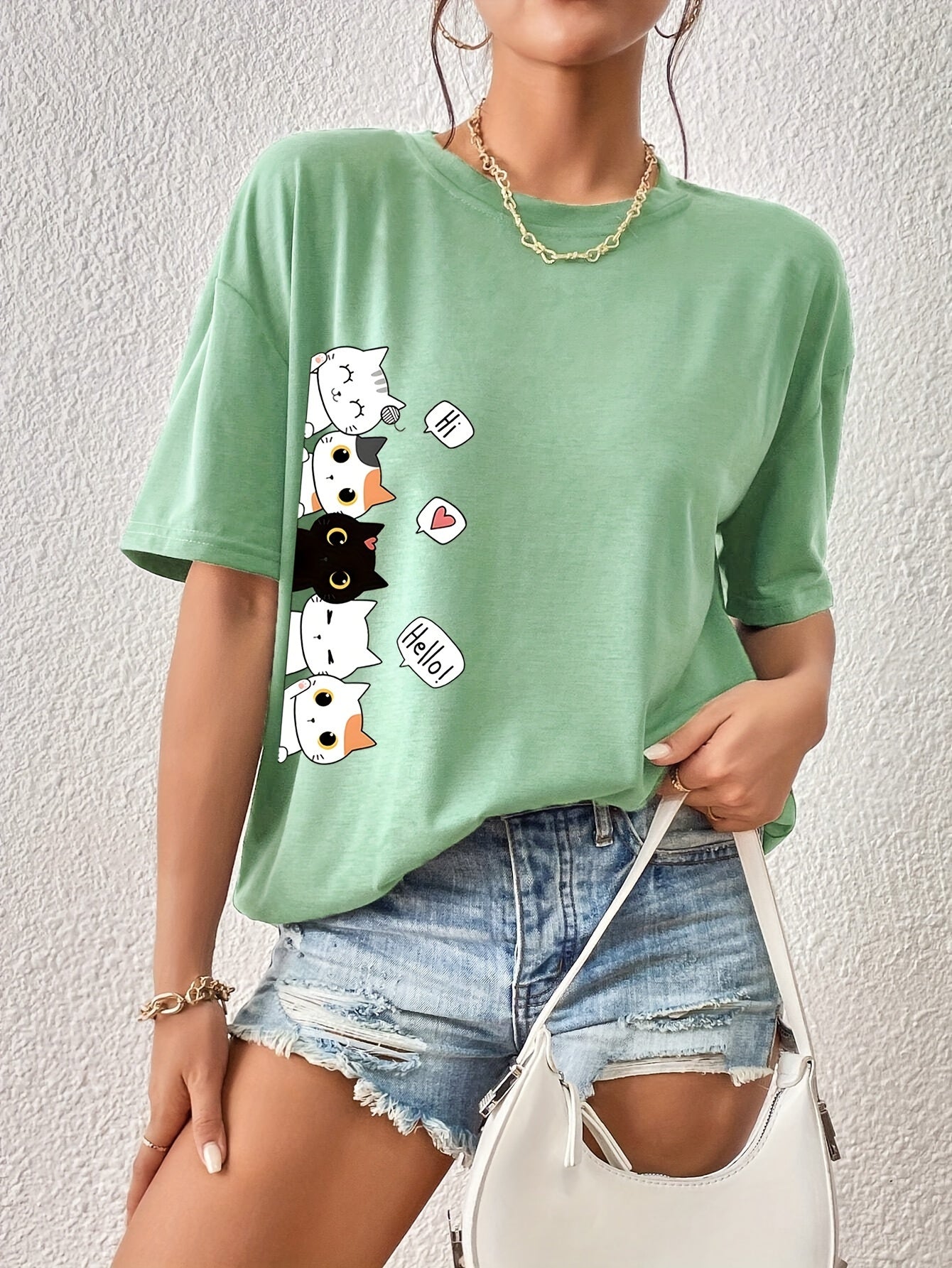 Whimsical Feline Tee - Classic Round Neck, Comfortable Short Sleeves, Versatile Sports Tee for Daily Wear or Athletic Activities - Ideal for Casual Womens Tops