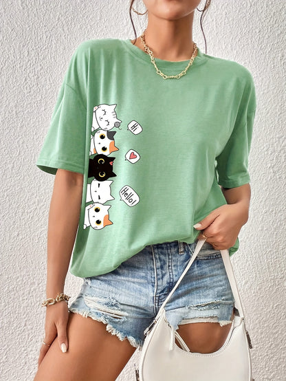 Whimsical Feline Tee - Classic Round Neck, Comfortable Short Sleeves, Versatile Sports Tee for Daily Wear or Athletic Activities - Ideal for Casual Womens Tops