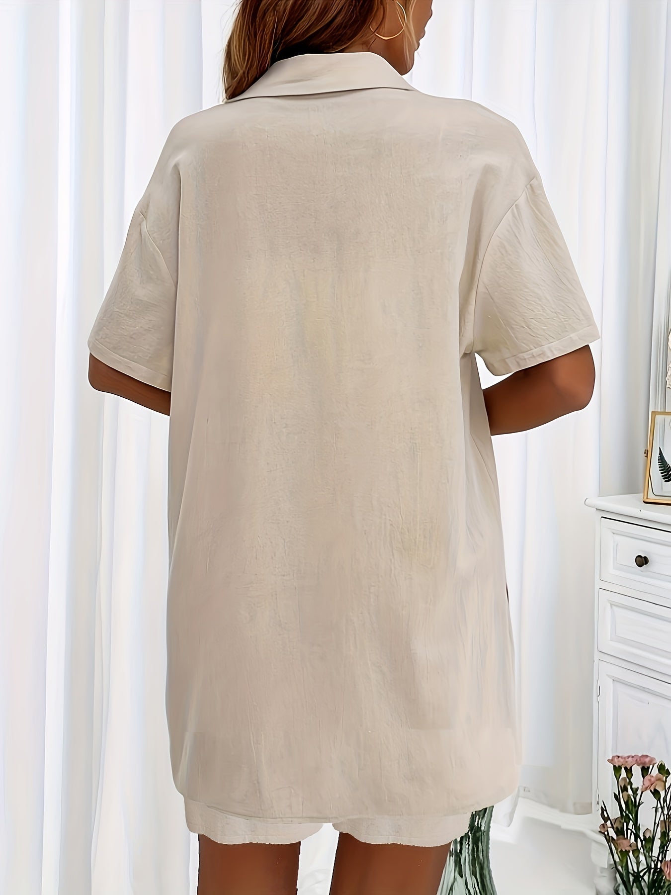 Casual Matching Two-piece Set, Short Sleeve Blouse & Drawstring Shorts Outfits, Women's Clothing