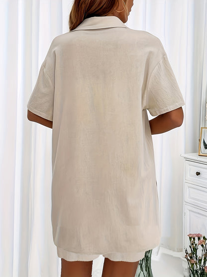 Casual Matching Two-piece Set, Short Sleeve Blouse & Drawstring Shorts Outfits, Women's Clothing