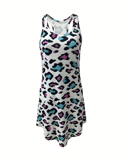Colorblock Leopard Lounge Dresses, Comfy Crew Neck Tank Home Dress, Women's Loungewear & Dresses