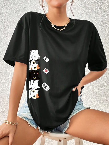 Whimsical Feline Tee - Classic Round Neck, Comfortable Short Sleeves, Versatile Sports Tee for Daily Wear or Athletic Activities - Ideal for Casual Womens Tops