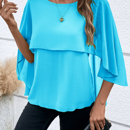 Solid Layered Cloak Sleeve Blouse, Versatile Crew Neck Blouse For Spring & Fall, Women's Clothing