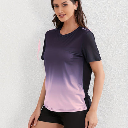 Women's Ombre Sports Tee, Gradient Shades, Casual Athletic T-Shirt, Short-Sleeve, Quick Dry, Breathable Fabric, Gym Wear, Running Top