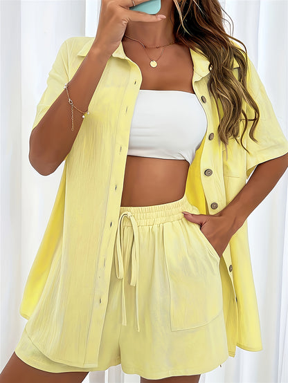 Casual Matching Two-piece Set, Short Sleeve Blouse & Drawstring Shorts Outfits, Women's Clothing