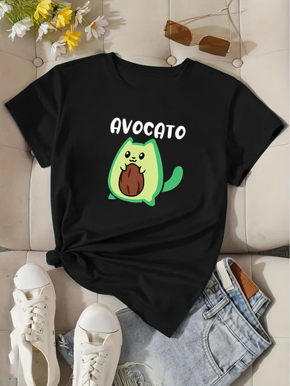 Avocado Cartoon Graphic Sports Tee, Casual Crew Neck Workout Fitness Short Sleeves Tops, Women's Activewear