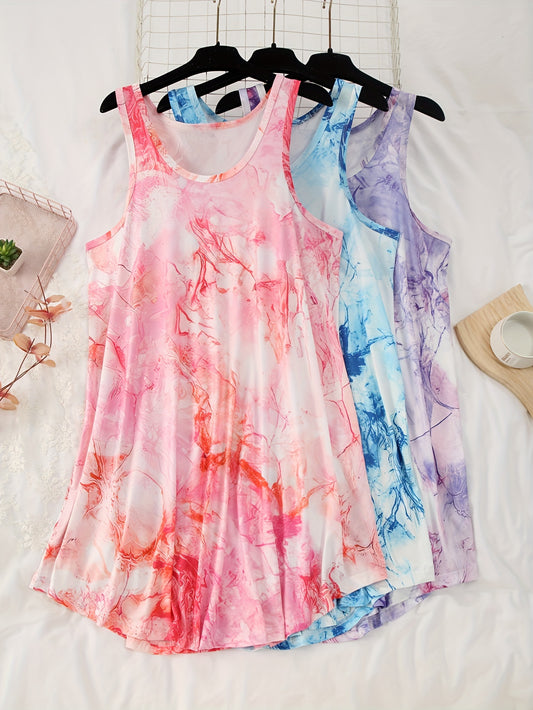 [Summer Nightgowns] 3-Pack Lightweight Breathable Women's Sleeveless Tank Nightgowns | Solid Color Round Neck Sleep Dresses with Contrast Trim, Machine Washable for Spring & Summer, Lingerie Sleepwear