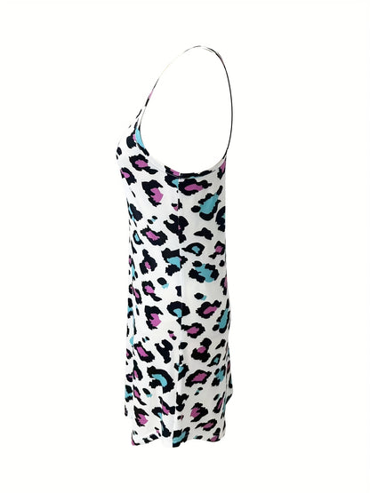 Colorblock Leopard Lounge Dresses, Comfy Crew Neck Tank Home Dress, Women's Loungewear & Dresses