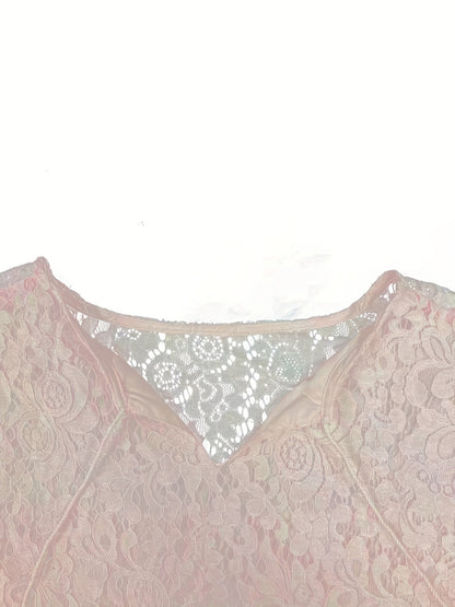 Plus Size Boho Blouse, Women's Plus Solid Lace Lantern Sleeve Tassel Trim V Neck Tunic Shirt Top