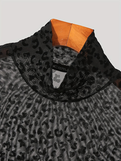 Mens O-neck Mesh Shirt Leopard Pattern See Through Blouse Party Sexy Shirt Pullover