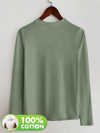 Women's Olive Green Long Sleeve T-Shirt - Minimalist Elegant Top, Soft Everyday Shirt for Casual & Formal Outfits - NC-13210, Allseason Top, Modern Fashion, Durable Clothing, Basic Blouse, Office Wear