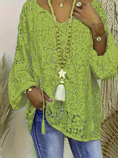 Plus Size Boho Blouse, Women's Plus Solid Lace Lantern Sleeve Tassel Trim V Neck Tunic Shirt Top