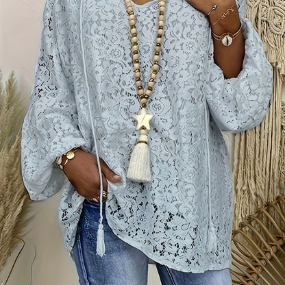 Plus Size Boho Blouse, Women's Plus Solid Lace Lantern Sleeve Tassel Trim V Neck Tunic Shirt Top