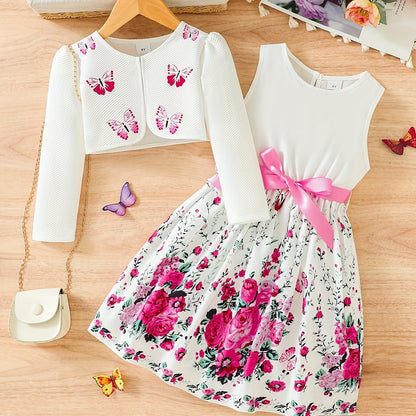 2pcs Little Girl Butterfly Dresses Outfit: Floral Tank Dress And Graphic Cardigan Top Set, For Cute And Casual Look, Kids Clothing Gift