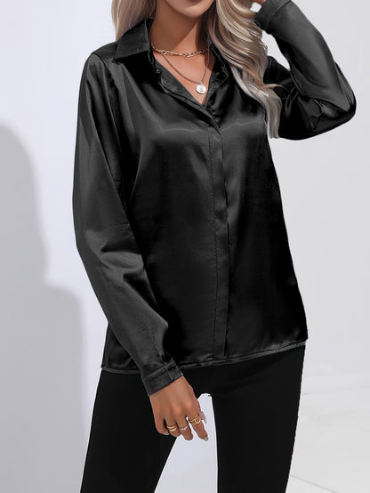 Solid Color Button Up Shirt, Elegant Long Sleeve Collared Blouse For Spring & Fall, Women's Clothing