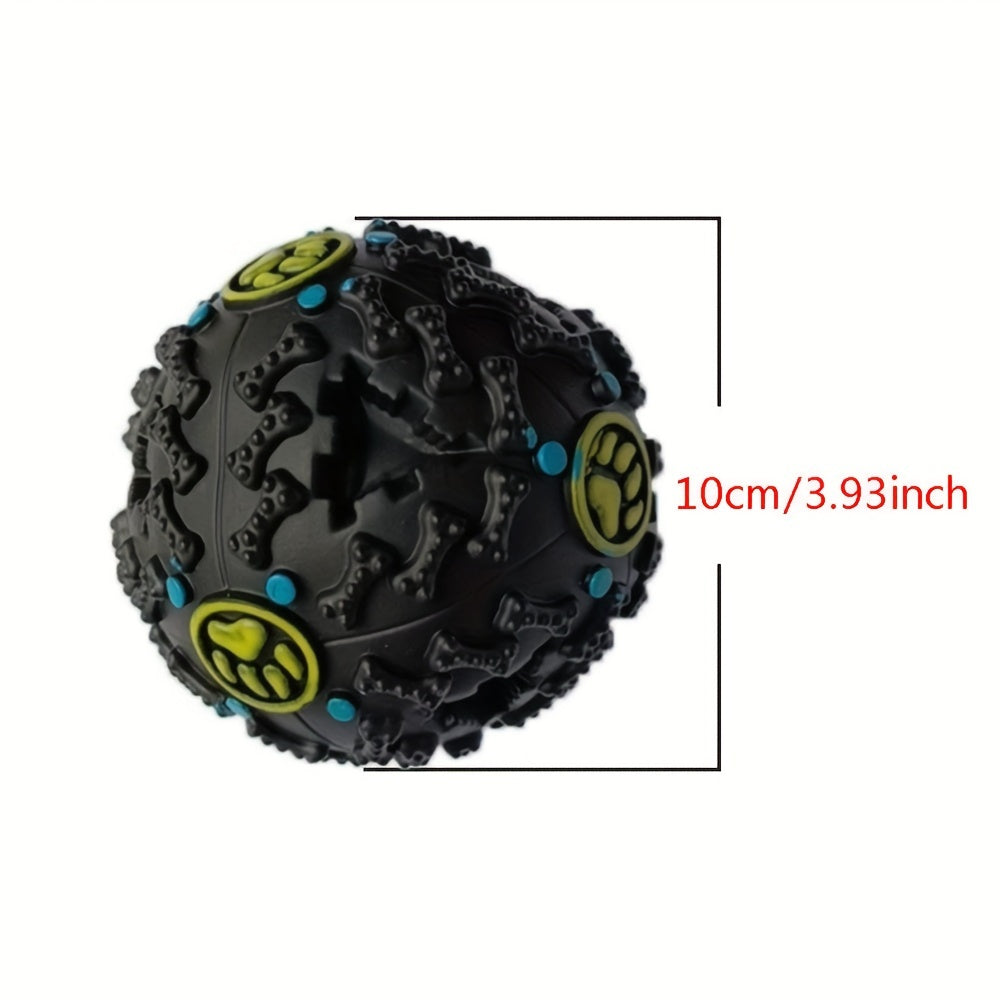 Interactive Dog Chew Toy Ball with Treat Dispenser - Durable Food-Dispensing Squeaky Toy for Teething Puppies & Dental Health, All Breeds, Black with Green & Yellow Patterns, Plastic Material