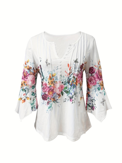 Floral Print Notched Neck Blouse, Casual Button Front Blouse For Spring & Summer, Women's Clothing