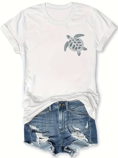 Vibrant Turtle & Letter Print Crew Neck Tee - Soft, Breathable Polyester Blend, Short Sleeve, Machine Washable, Perfect for Spring and Summer Casual Wear