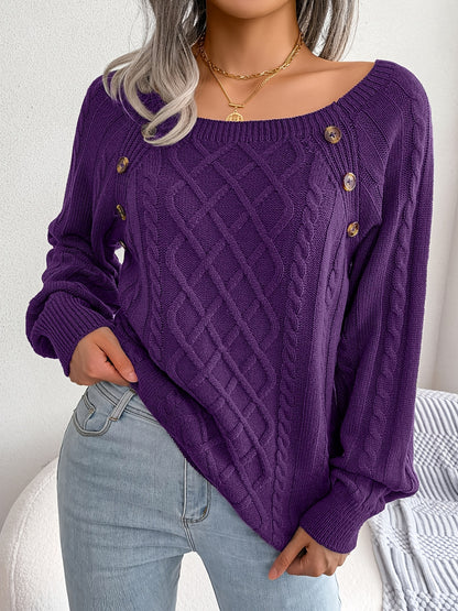 Women's Casual Square Neck Sweater - Smooth Acrylic Knit Fabric, Medium Stretch, Regular Length | Hand Wash or Professional Dry Clean | Button Detail