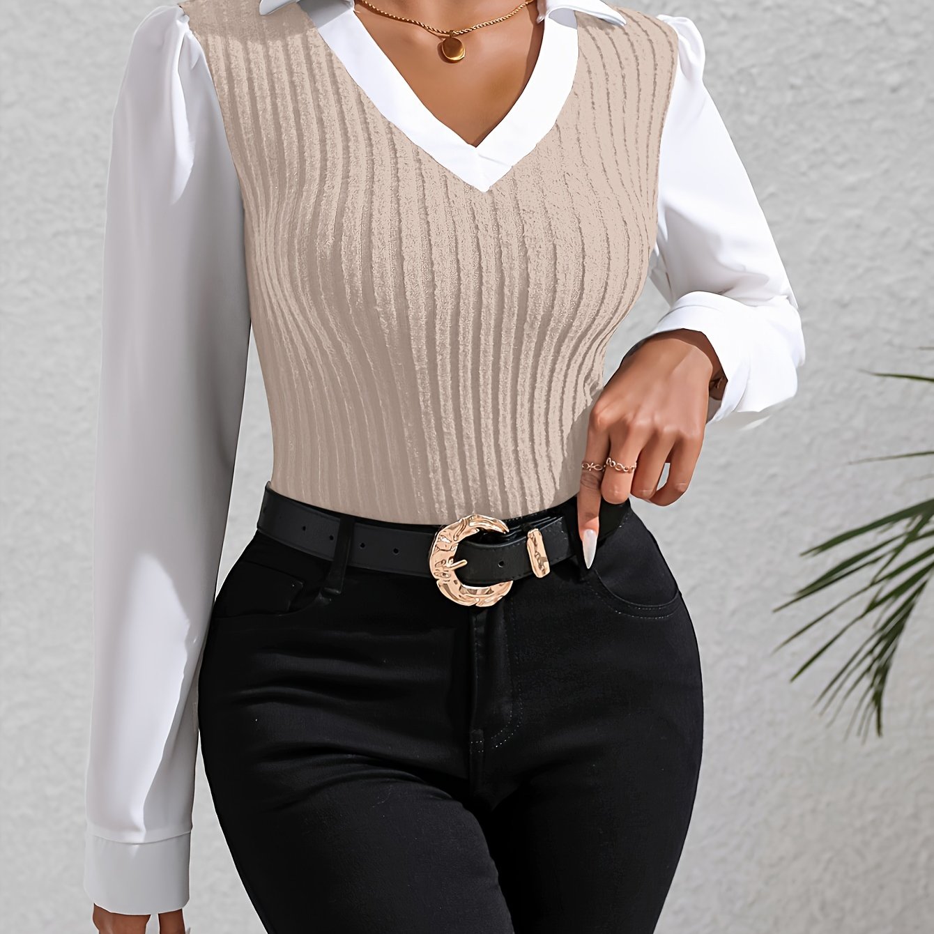 Color Block Faux Twinset Lapel Blouse, Casual Long Sleeve Blouse For Spring & Fall, Women's Clothing