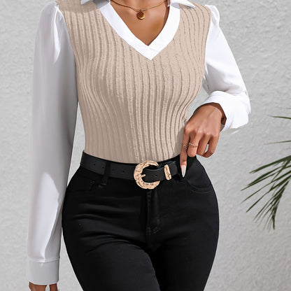 Color Block Faux Twinset Lapel Blouse, Casual Long Sleeve Blouse For Spring & Fall, Women's Clothing
