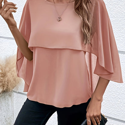 Solid Layered Cloak Sleeve Blouse, Versatile Crew Neck Blouse For Spring & Fall, Women's Clothing