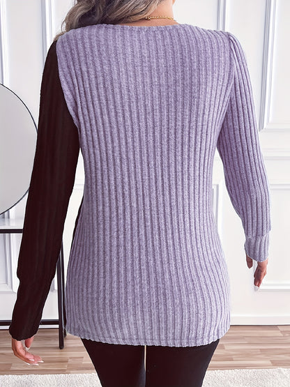 Women'S Casual Square Neck Long Sleeve Top, Asymmetrical Solid Color Knit Polyester Blouse with Spandex, Fashionable Spring/Fall Outerwear, 230gsm Fabric Weight