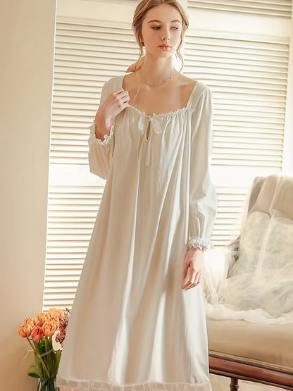 Luxurious Royal Court Style Long Sleeve Square Neck Lace Trim Lounge Dress - Soft Micro Elastic Polyester Knit Fabric, Solid Color, No Printing, Perfect for Spring, Summer, and Fall - Womens Comfortable Loungewear & Dresses f
