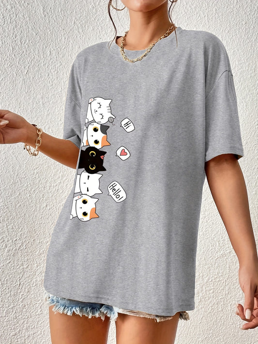 Whimsical Feline Tee - Classic Round Neck, Comfortable Short Sleeves, Versatile Sports Tee for Daily Wear or Athletic Activities - Ideal for Casual Womens Tops