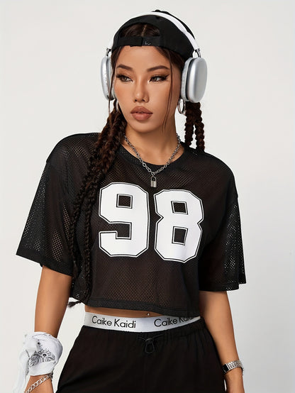 Women's Mesh Sports T-Shirt With Number 98 Print, Spring/Summer, Loose Crop Top, Y2K Vintage American Style, Casual Short Sleeve Tee