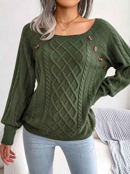 Women's Casual Square Neck Sweater - Smooth Acrylic Knit Fabric, Medium Stretch, Regular Length | Hand Wash or Professional Dry Clean | Button Detail