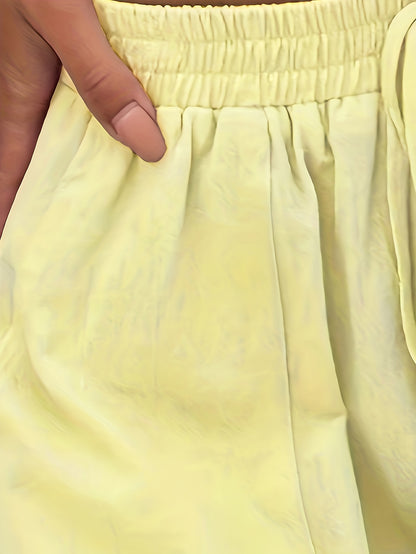Casual Matching Two-piece Set, Short Sleeve Blouse & Drawstring Shorts Outfits, Women's Clothing