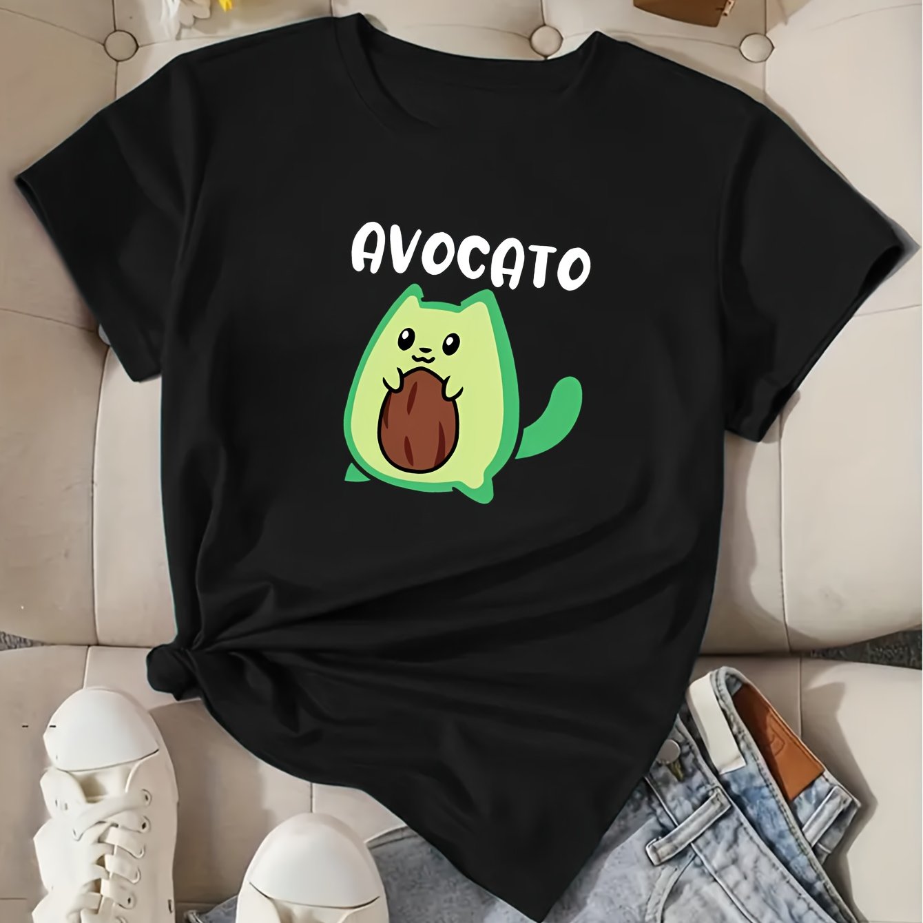 Avocado Cartoon Graphic Sports Tee, Casual Crew Neck Workout Fitness Short Sleeves Tops, Women's Activewear