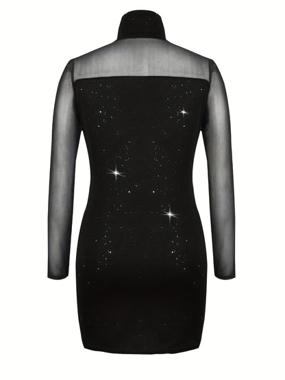 Sultry Sheer Splicing Bodycon Dress - Women's Sexy High Collar Long Sleeve Evening Dresses - Form-Fitting, Stretchy, Solid Color, Backless Design for a Night Out